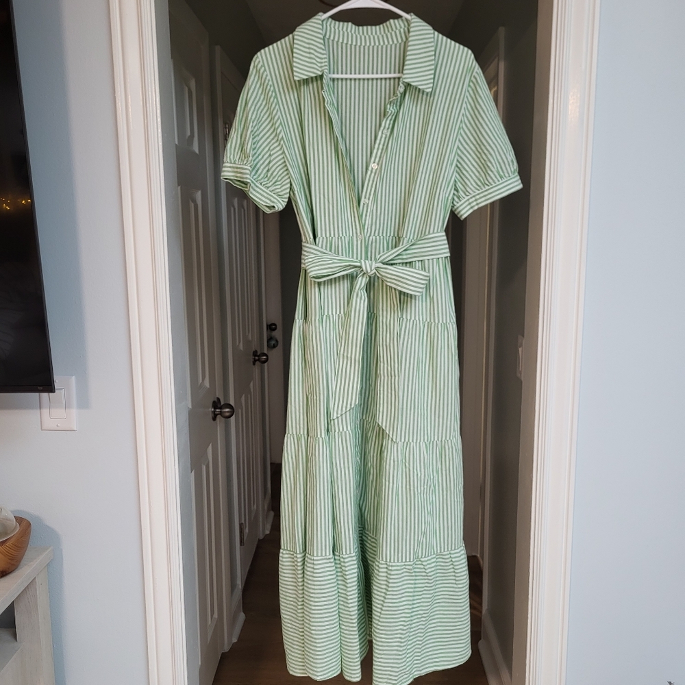 Green Striped Dress Cotton Tiered Button Front Large